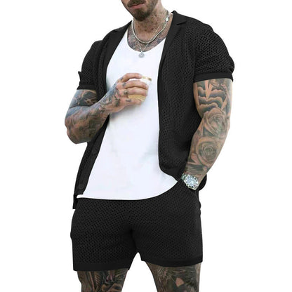 Men's Summer Cool Hole Cloth Lapel Short Sleeve Shorts Suit