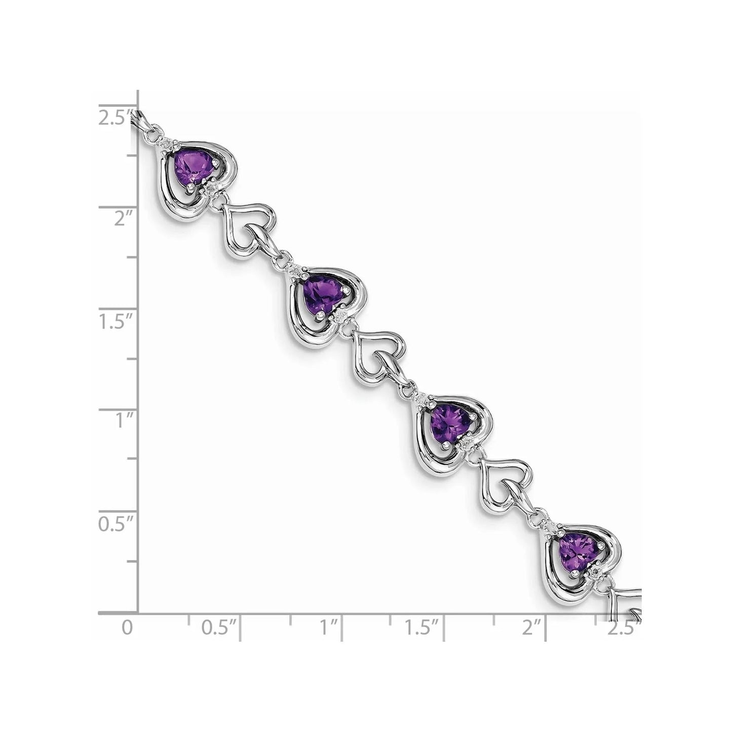 Heart Purple Amethyst & Diamond Prong Sterling Silver Heart Link Bracelet