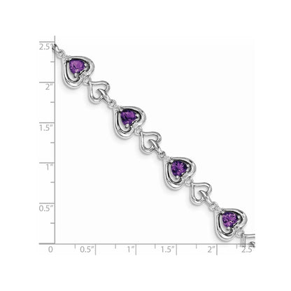 Heart Purple Amethyst & Diamond Prong Sterling Silver Heart Link Bracelet