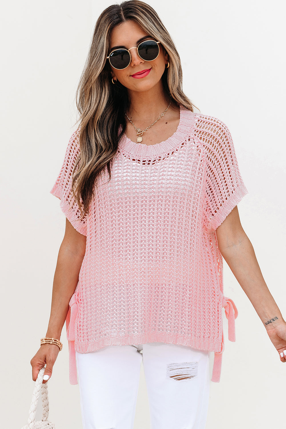 Threaded Pear Lettie Hollow-out Crochet Side Tied Short Sleeve Sweater