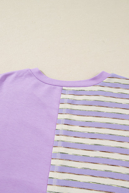 Threaded Pear Purple Stripe Patchwork Buttoned Drop Shoulder Plus Size Pullover