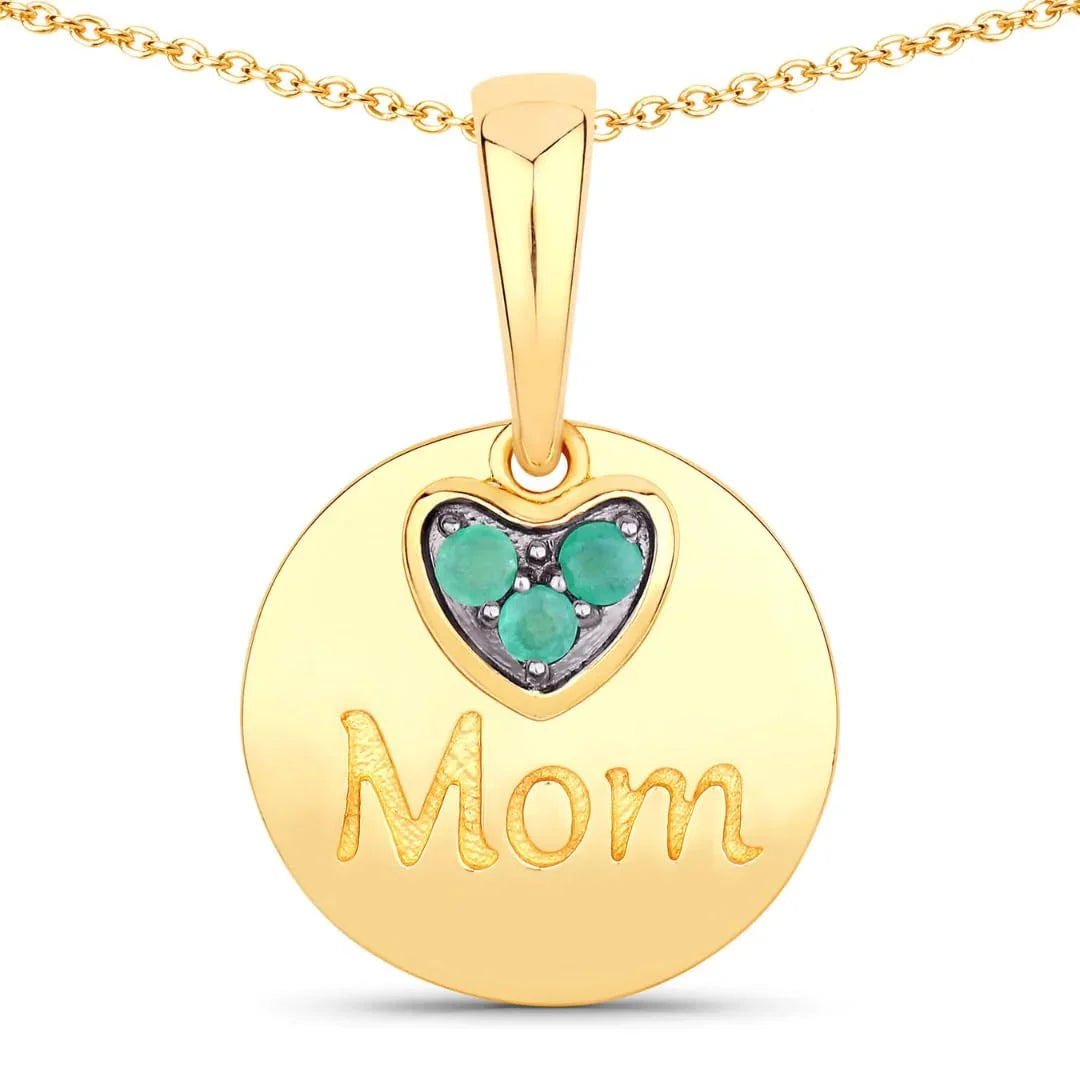 Round Green Emerald Prong Gold Plated Silver Mom Heart Pendant Necklace