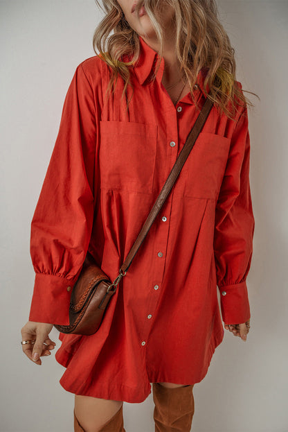 Threaded Pear Eleanor Bishop Sleeve Button Up Pleated Mini Dress