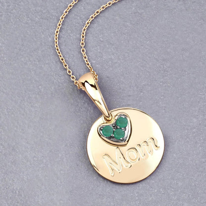 Round Green Emerald Prong Gold Plated Silver Mom Heart Pendant Necklace