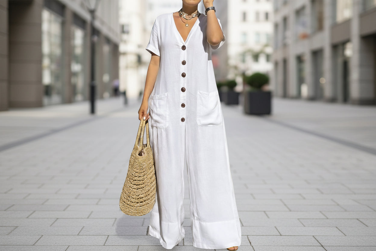 Women's Loose V-Neck Button Jumpsuit – Wide Leg Plus Size