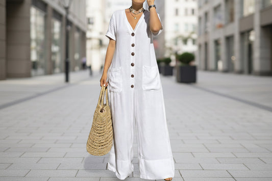 Women's Loose V-Neck Button Jumpsuit – Wide Leg Plus Size
