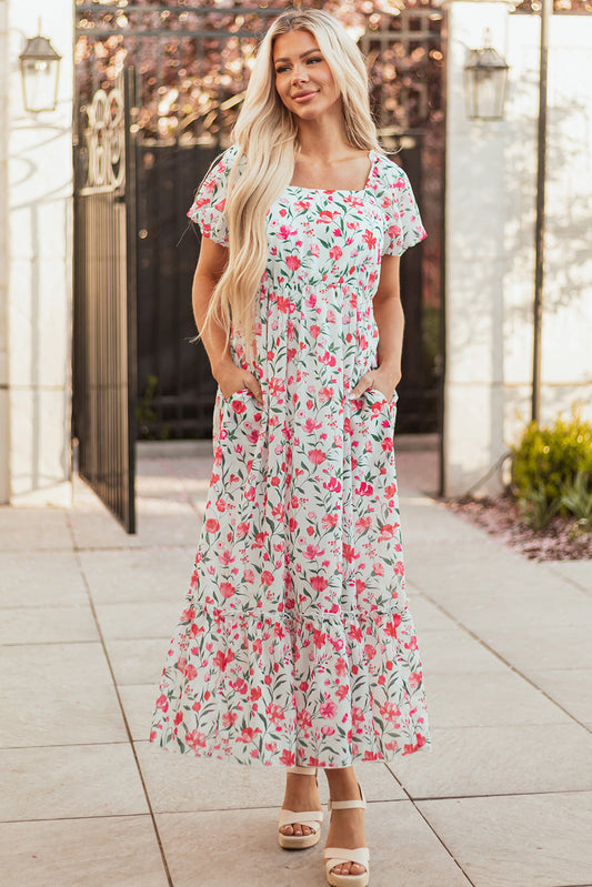 Threaded Pear Molly Floral Square Neck Empire Waist Tiered Maxi Dress