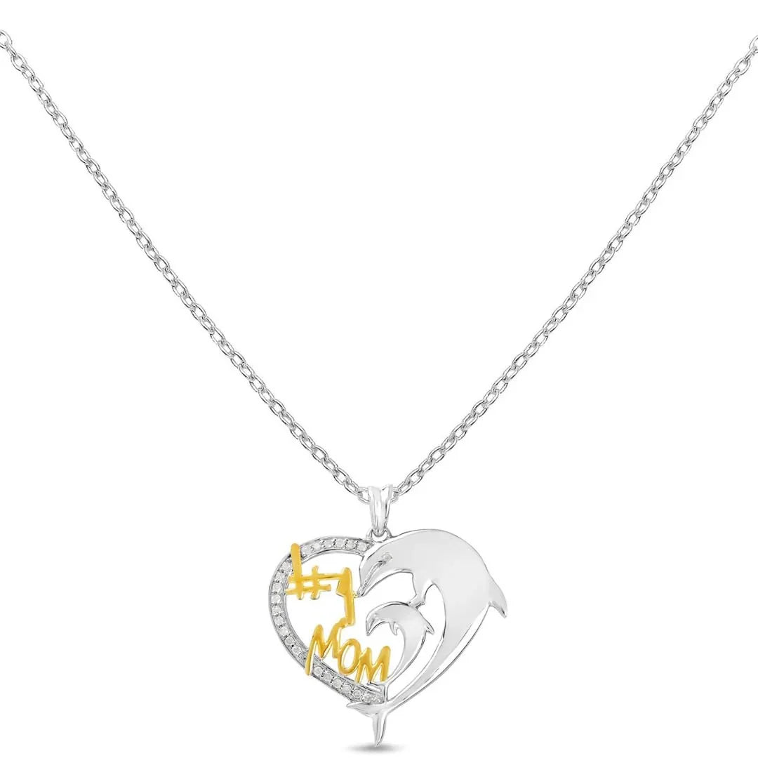 Round White Diamond Mom Heart Charm Necklace
