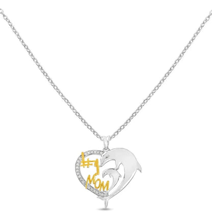 Round White Diamond Mom Heart Charm Necklace