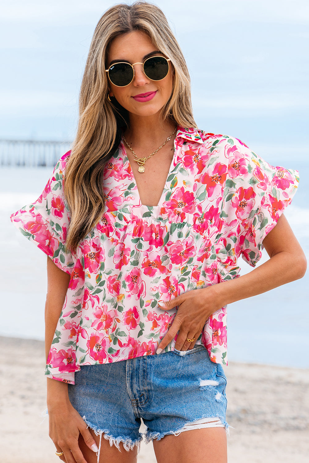 Threaded Pear Zoya Floral Ruffled Short Sleeve Blouse