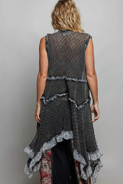 POL Vintage Wash Ruffled Crochet Vest Cardigan