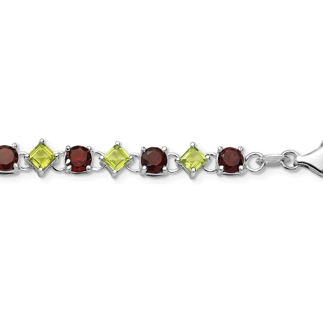 Red Garnet & Green Peridot Prong Sterling Silver Link Bracelet