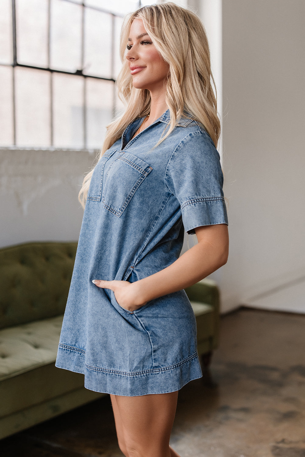 Threaded Pear Makenzie Short Sleeve Collared Denim Dress