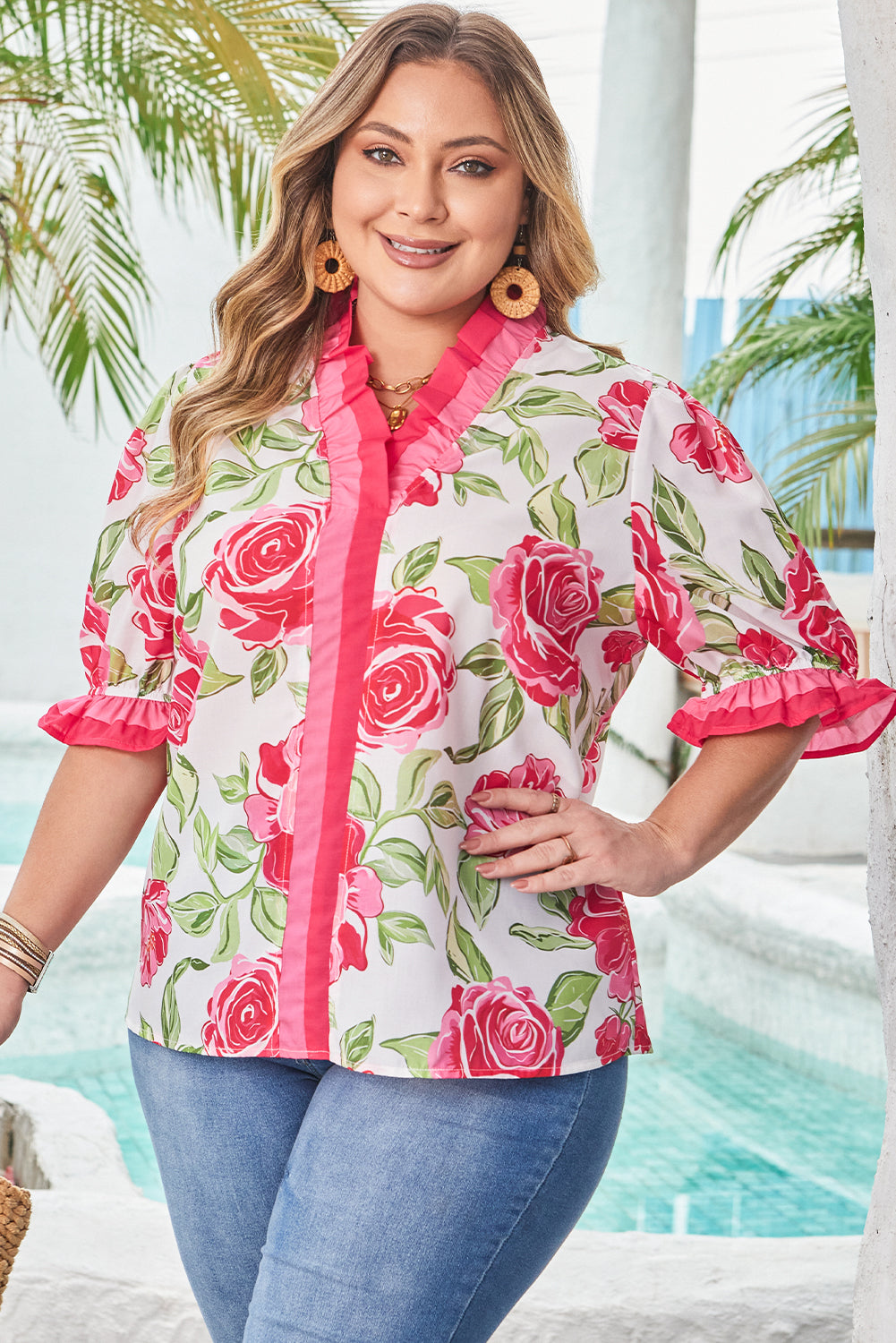 Threaded Pear Elise Plus Size Floral Frilled Stripes Blouse