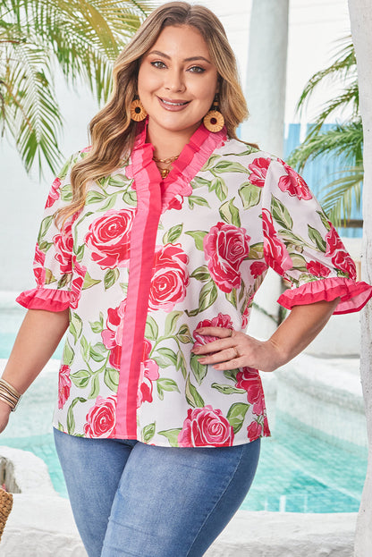 Threaded Pear Elise Plus Size Floral Frilled Stripes Blouse