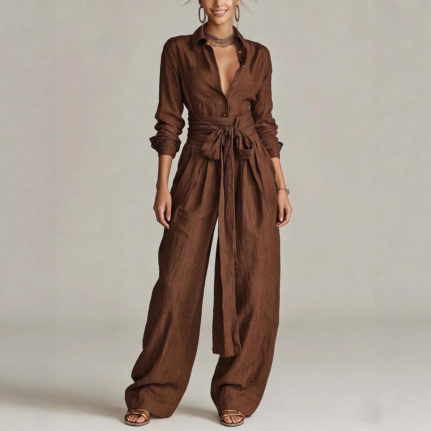 Women's Linen Long Sleeve Shirt & High-Waist Wide-Leg Pants Set with Tie Belt