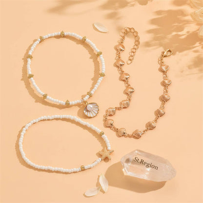 Howlite & Enamel Pearl Goldtone Shell Starfish Charm Stretch Anklet Set