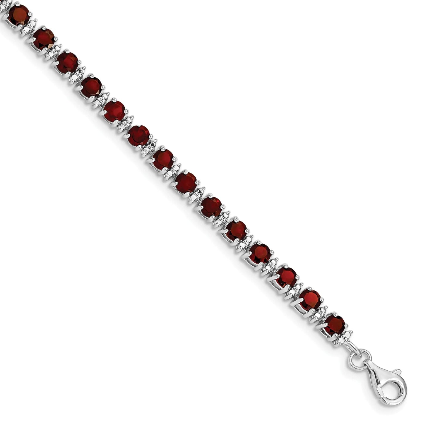 Round Red Garnet & Diamond Prong Sterling Silver Tennis Bracelet