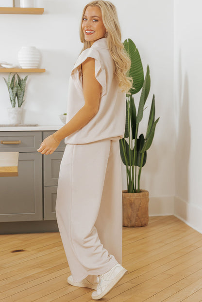 Threaded Pear Kallie Ruffled Sleeve Zipped Top and Wide Leg Pants Set