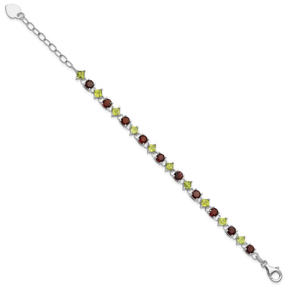 Red Garnet & Green Peridot Prong Sterling Silver Link Bracelet