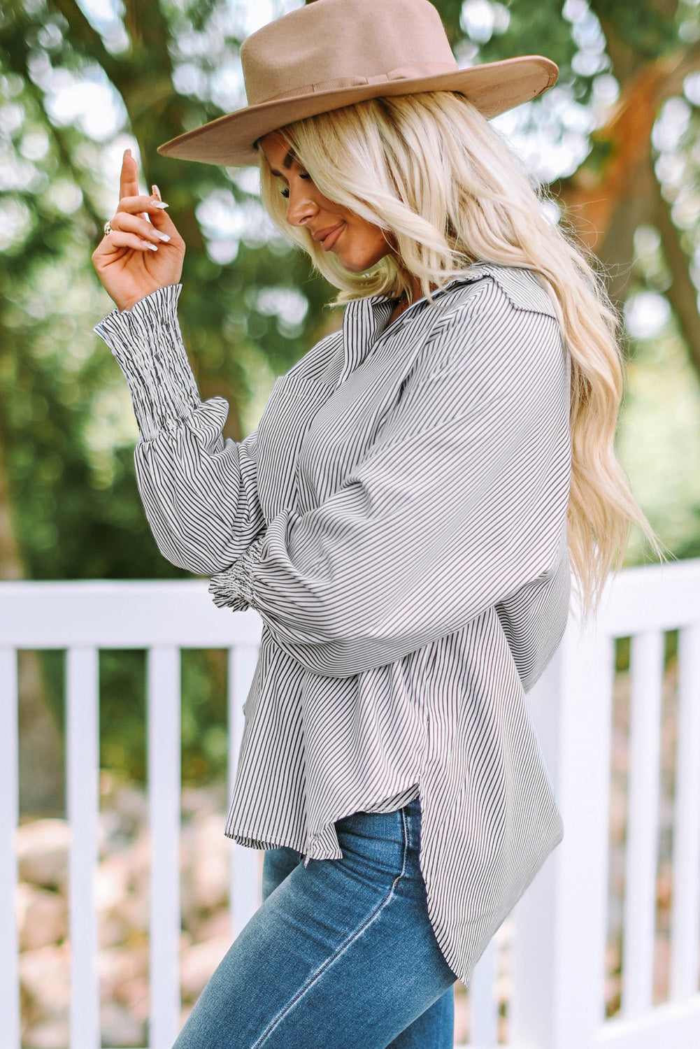 Threaded Pear Skye Smocked Cuffed Striped Boyfriend Shirt with Pocket