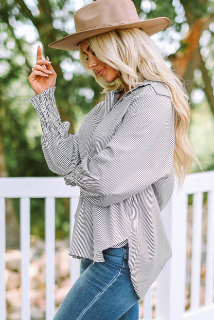 Threaded Pear Skye Smocked Cuffed Striped Boyfriend Shirt with Pocket
