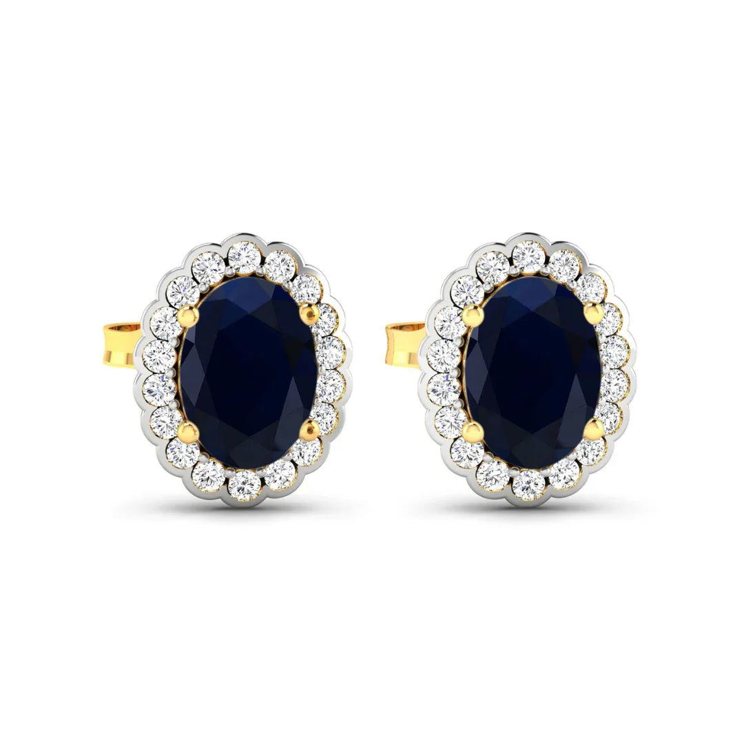 1.80 Ct Oval Blue Sapphire & Diamond Prong 14K Gold Halo Stud Earrings