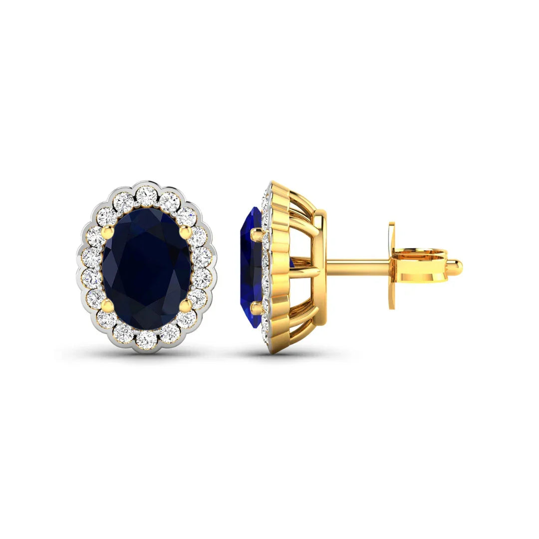 1.80 Ct Oval Blue Sapphire & Diamond Prong 14K Gold Halo Stud Earrings