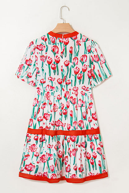 Pink Floral Print Contrast Trim V Neck Bubble Short Sleeve Babydoll Dress