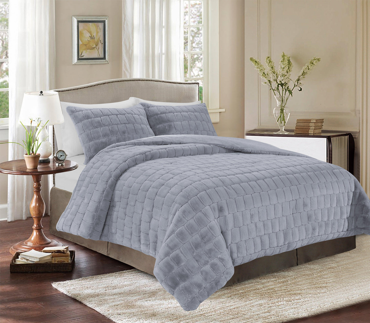 Elegant Comfort Fluffy 3-Piece Faux Rabbit Fur Comforter Set