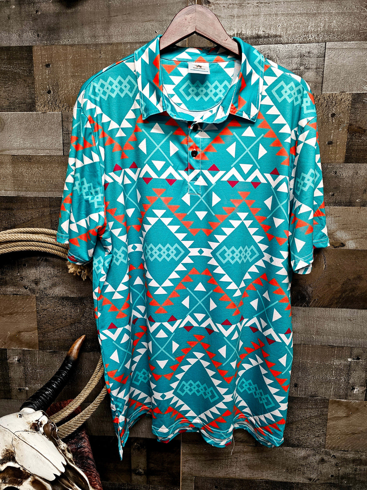 Baha Ranch Teal Aztec Polo Style Short Sleeve Shirt