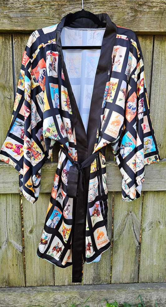 Baha Ranch Vintage Cowboy Collage Satin Kimono Robe