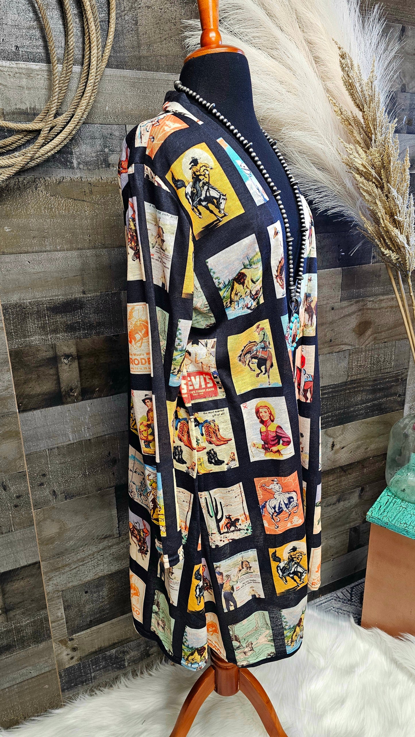 Baha Ranch Vintage Cowboy Collage Western Lightweight Cardigan