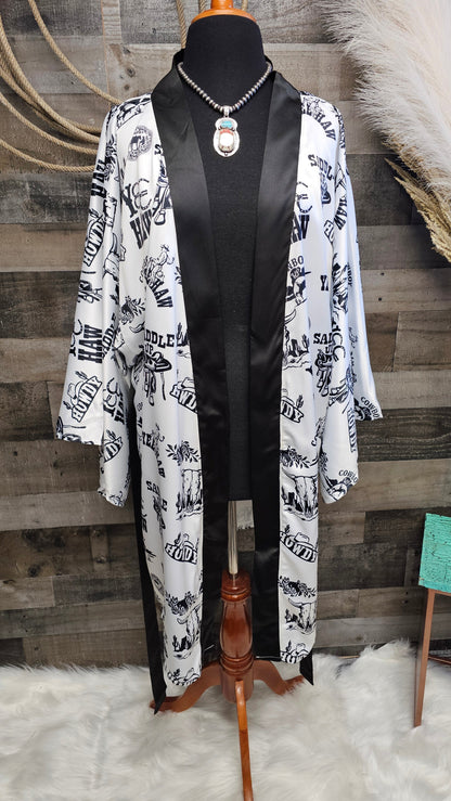 Baha Ranch Cowboy Print Western Satin Kimono Robe
