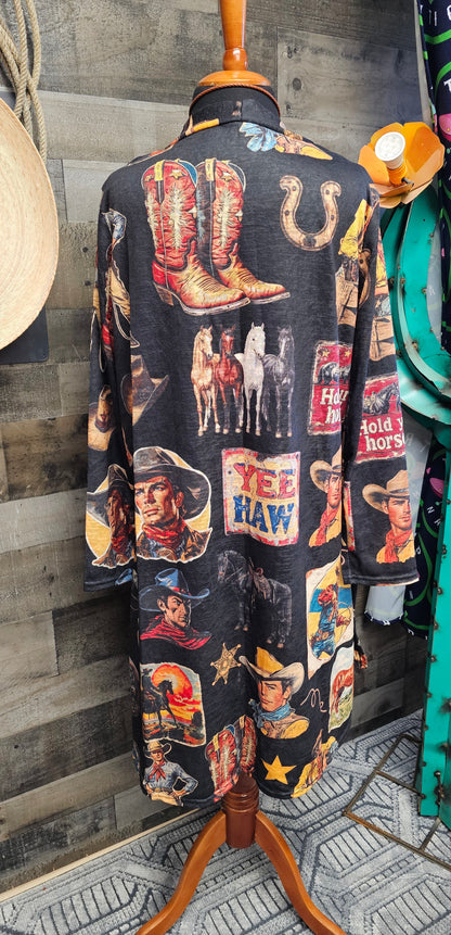 Baha Ranch Vintage Cowboy Collage Western Lightweight Cardigan