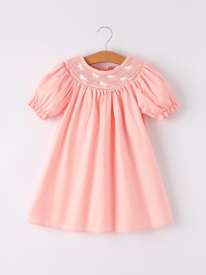 Girls Horse Smocking Embroidered Coral Dress