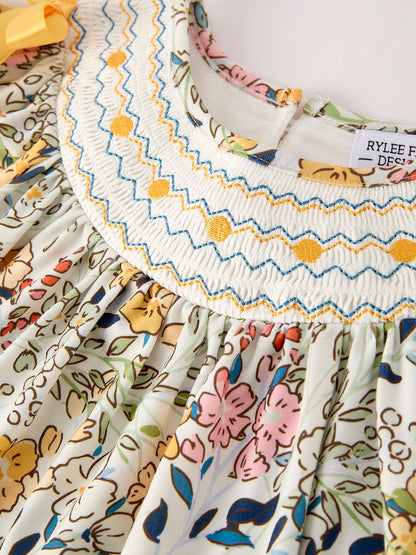 Fall  Embroidery Smocking Bow Floral Leaf Baby Girls Dress