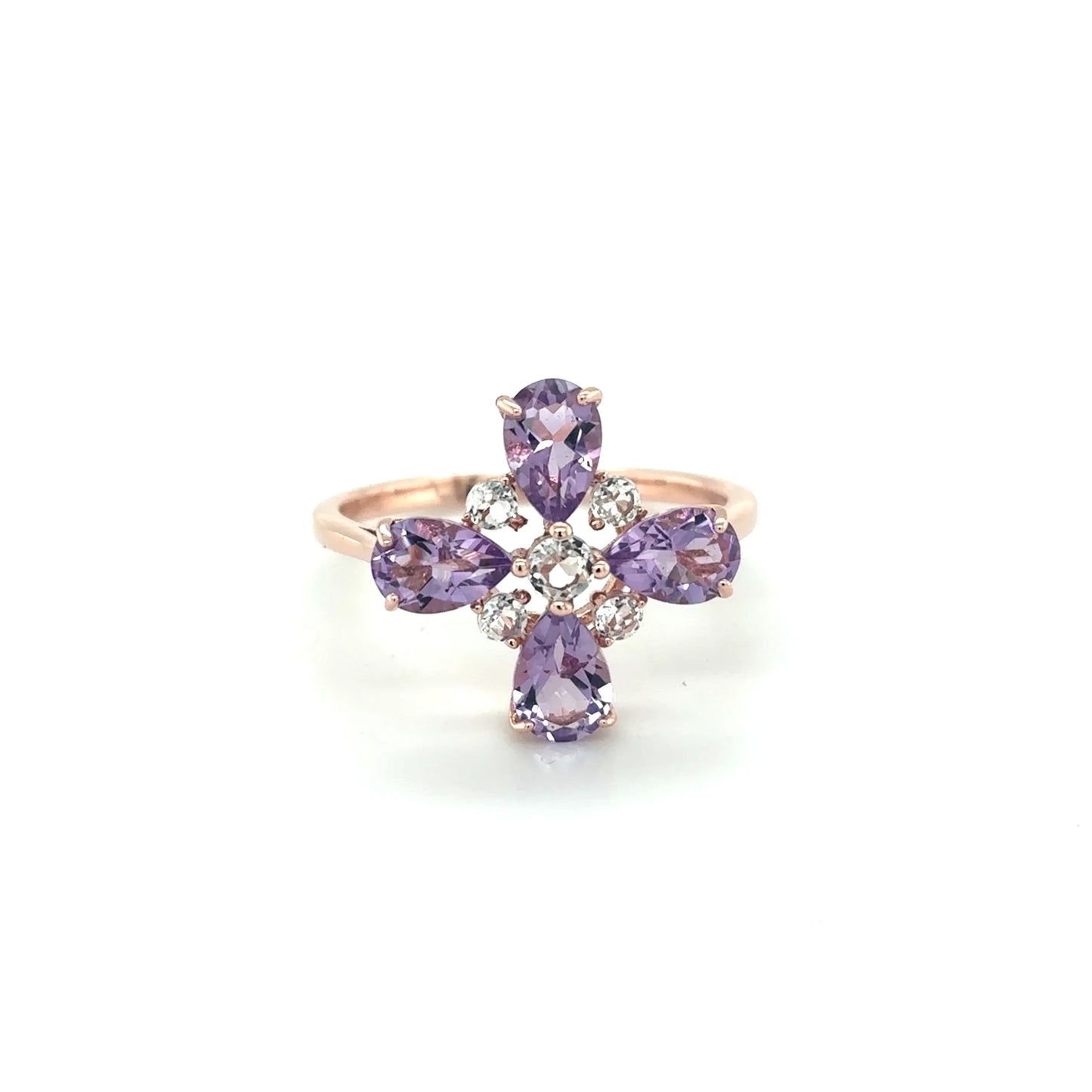 1.28 Ct Pear Purple Amethyst and White Topaz Prong Silver Four Leaf Clover Ring