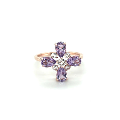 1.28 Ct Pear Purple Amethyst and White Topaz Prong Silver Four Leaf Clover Ring