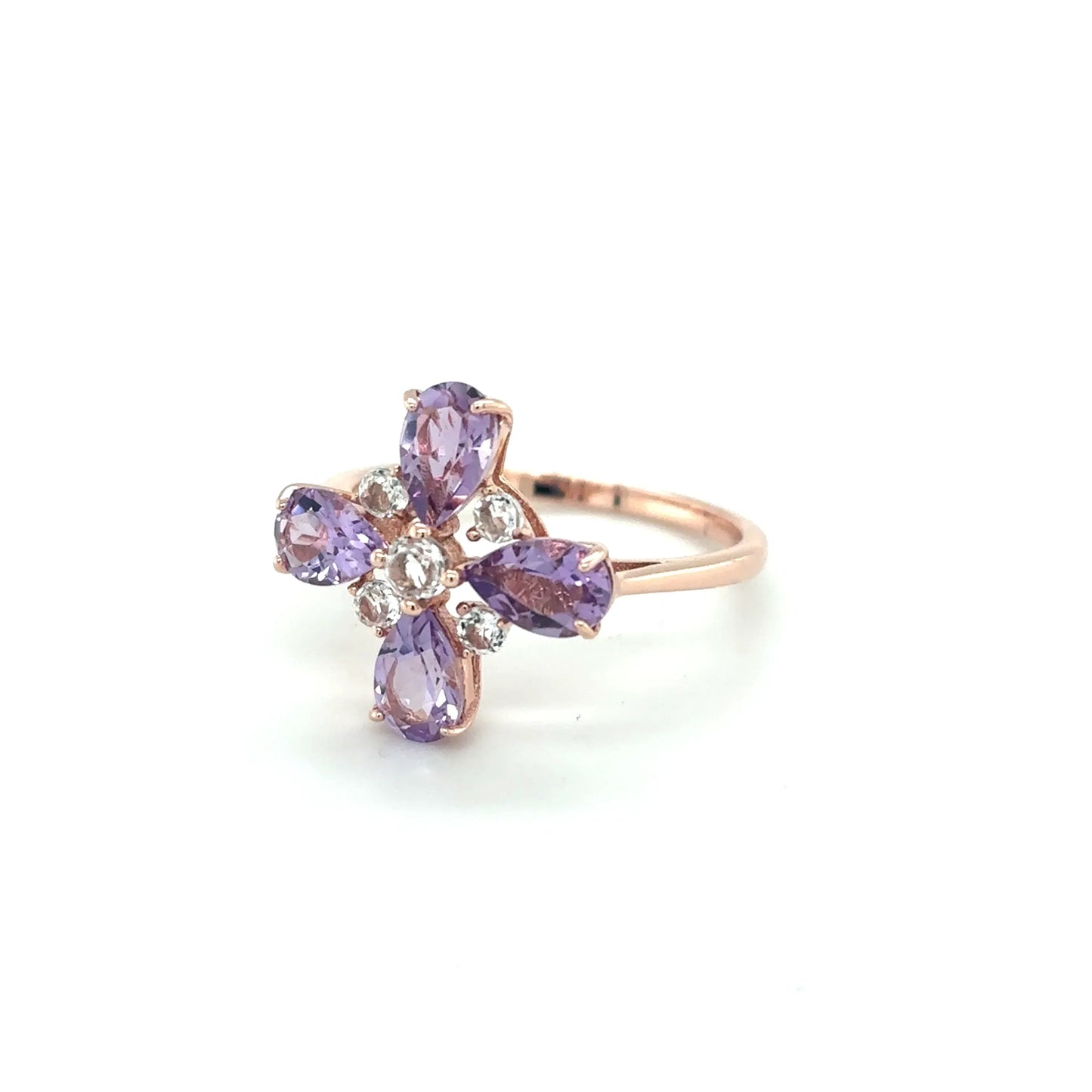 1.28 Ct Pear Purple Amethyst and White Topaz Prong Silver Four Leaf Clover Ring