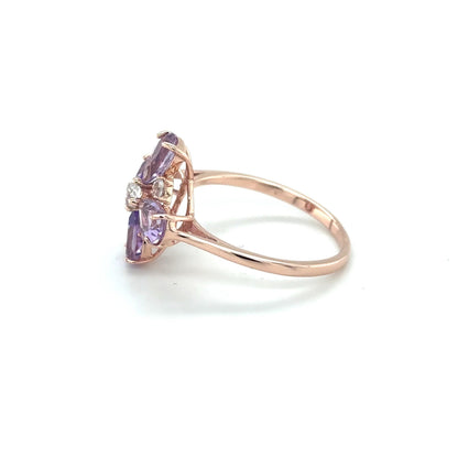 1.28 Ct Pear Purple Amethyst and White Topaz Prong Silver Four Leaf Clover Ring
