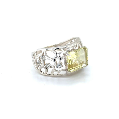 Emerald Cut Lemon Quartz Silver Filigree Ring