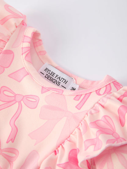 Girls Pink Bow Print Long Sleeves Romper