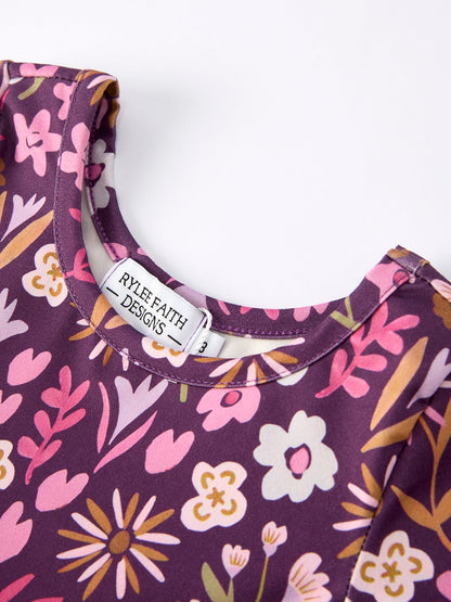 Retro Floral Print Short Sleeve  Girls Dress  with Pockets
