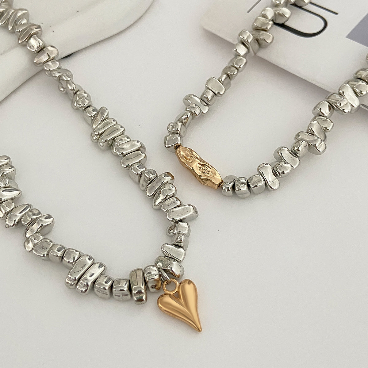 Two Tone Irregular Beads Chain Heart Pendant Necklace Set