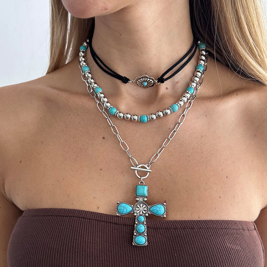 Black Polyster & Turqouise Silvertone Oval Cross Pendant Necklace Set