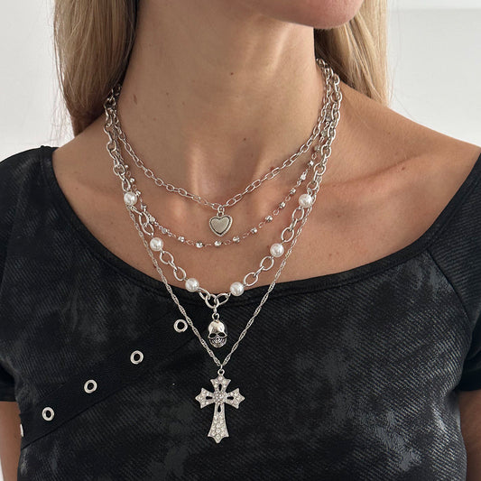 Pearl & Cubic Zirconia Enamel Silvertone Heart Skull Cross Pendant Necklace Set