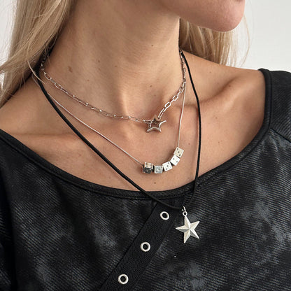 Black Polyster & Silvertone Star Dice Pendant Necklace Set