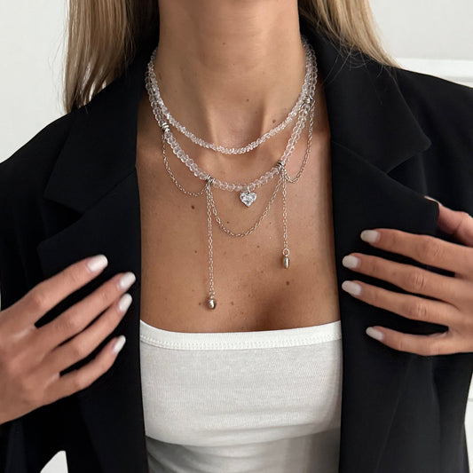 Clear Crystal & Acrylic Silvertone Heart Pendant Tassel Necklace Set
