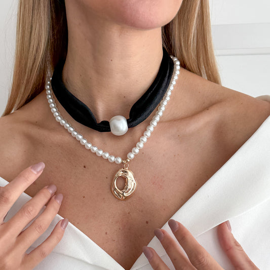 Black Polyster & Pearl Goldtone Open Drop Pendant Necklace Set